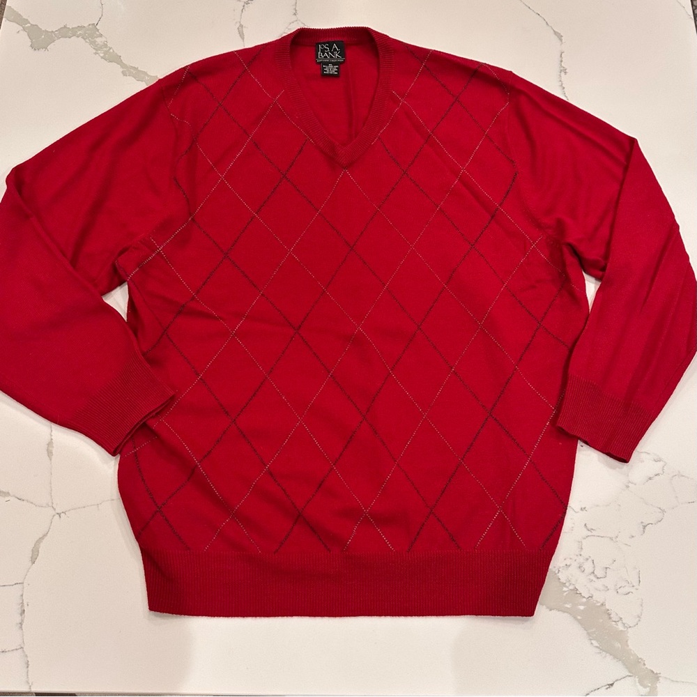 Jos A Bank Holiday Red Wool Vneck Sweater Mens XL Holiday Red Diamond Preppy